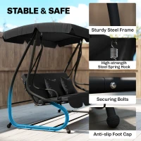 Outsunny 3-Seat Outdoor Patio Swing Chair, Converting Flatbed, Outdoor Swing Glider with Adjustable Canopy, Black(m-6)