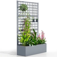 Outsunny Galvanized Raised Garden Bed Planter Box with Trellis for Climbing Plant Vegetable Vine, 43"x16"x70", Grey Wood Effect(m-9)