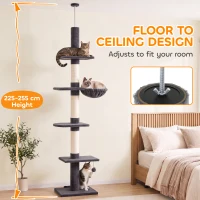 PawHut Floor-to-Ceiling Cat Tree 88.6"-100.4" Adjustable, 5-Level Cat Tower with Hammock, 3 Sisal Scratching Posts, Toy Ball(m-4)