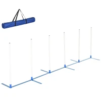PawHut Adjustable Dog Agility Training Obstacle Set with Weaves Poles and Storage Bag for Pet Dogs Outdoor Games Exercise Blue and White(m-2)
