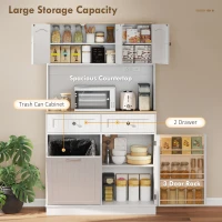 HOMCOM 68" Pantry Cabinet with Charging Station, Storage Cabinet with Microwave Stand, 10 Gallon Trash Can Cabinet, White(m-4)