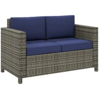 Outsunny Wicker Outdoor Sofa, All Weather Patio Couch Loveseat with Cushions for Balcony, Deck, Garden, Poolside, Dark Blue(m-9)