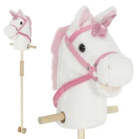 Qaba Unicorn Stick Horse, Plush Hobby Horse with Wood Wheels, Real Pony Neighing and Galloping Sounds, for Kids, White(m-13)