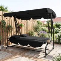 Outsunny 3-Seat Outdoor Patio Swing Chair, Converting Flatbed, Outdoor Swing Glider with Adjustable Canopy, Black(m-10)
