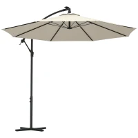 Outsunny 10ft Outdoor Cantilever Hanging Offset Umbrella with Solar LED Lights, Crank, Cross Base, Aluminum Frame, Beige(m-9)