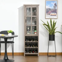 HOMCOM Tall Wine Cabinet, Bar Display Cupboard with 12-Bottle Wine Rack, Glass Door and 3 Storage Compartment for Living Room, Home Bar, Dining Room, Grey Oak(m-9)