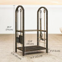 Outsunny 2-Tier Outdoor Firewood Rack with 4 Fireplace Tools, 220 lbs Capacity Metal Log Holder for Fireplace, Coffee Brown(m-3)