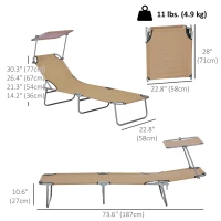 Outsunny Outdoor Lounge Chair, Adjustable Folding Chaise Lounge, Tanning Chair with Sun Shade for Beach, Camping, Hiking, Backyard, Brown(m-3)