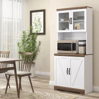 HOMCOM 70" Farmhouse Kitchen Buffet with Hutch, Kitchen Pantry Storage Cabinet with Glass Doors, Adjustable Shelves, Open Microwave Countertop, White(m-10)