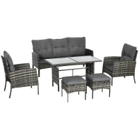 Outsunny 6 Piece Patio Furniture Set with Patio Chairs, Ottomans, Sofa, Glass Top Table and Cushions, Wicker Rattan Outdoor Furniture Set for Backyard, Porch, Grey(m-3)