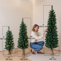 HOMCOM Artificial Pencil Christmas Tree Set of 3, Pre-Lit Christmas Trees with PVC Tips and Warm White LED Lights, Green(m-3)