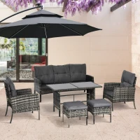 Outsunny 6 Piece Patio Furniture Set with Patio Chairs, Ottomans, Sofa, Glass Top Table and Cushions, Wicker Rattan Outdoor Furniture Set for Backyard, Porch, Grey(m-9)