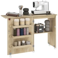 HOMCOM Sewing Machine Cabinet, Folding Sewing Table with Storage Shelf, Bins and Lockable Wheels for Small Space, Nature Wood(m-9)