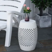 Outsunny 12" Steel Outdoor Side Table, Round Hollow Drum Patio End Table, Accent Table for Indoor and Outdoorr, White(m-2)