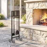 Outsunny Fireplace Tools Set 5 Pieces Metal Fire Place Kit with Brush, Shovel, Poker, A Pair of Tongs, Stand, Black(m-1)