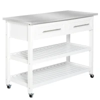 HOMCOM Kitchen Island with Stainless Steel Top, Traditional Kitchen Island with Storage, Butcher Block Cart 2-Tier Open Shelves, Drawers, White(m-1)