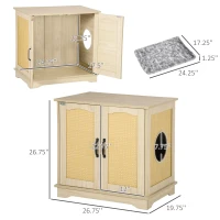 PawHut 3-in-1 Cat Litter Box Furniture Hidden, Cat Cabinet Bed, End Table with Rattan, Kitty Bed with Plush Foam Cushion, Modern Cat Bedding House with End Table Use, Oak(m-3)