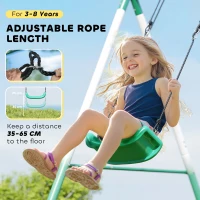 Qaba Metal Swing Set with Slide, Saucer Swing Seat, Heavy Duty A-Frame Stand and Adjustable Rope for Backyard, Dark Green(m-6)