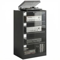 HOMCOM Media Cabinet, 4-Tier Stereo Cabinet for Vinyl Record Player, Gaming Console, AV Record Player Stand with Adjustable Shelves, Push-to-Open Glass Doors and Cable Management, Distressed Black(m-1)