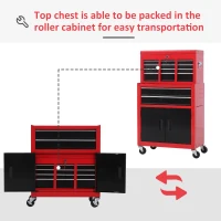 HOMCOM 6-Drawer Rolling Tool Chest, 2 in 1 Lockable Storage Cabinet with Hooks, Metal Tool Box for Garage, Workshop, Red(m-6)
