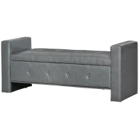 HOMCOM Storage Ottoman Bench with Soft Closing Hinged Lid, Faux Leather Upholstered Bench with Button Tufted Design and Armrests for Living Room, Gray(m-11)