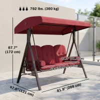 Outsunny Outdoor Patio 3-Person Steel Canopy Cushioned Seat Bench Swing with Included Side Trays & Padded Comfort, Wine Red(m-3)