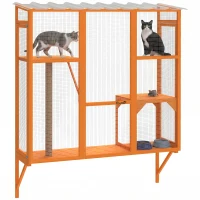 PawHut Wooden Catio Outdoor, Cat Window Box Enclosure for 2-3 Large Cats with 2 Jumping Platforms & Scratching Post, Orange(m-9)