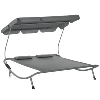 Outsunny Double Patio Lounger with Adjustable Canopy, Outdoor Daybed Hammock Lounger with Headrest Pillows, Two Moving Wheels for Poolside, Garden, Grey(m-2)