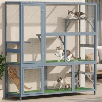 PawHut Catio Outdoor Cat Enclosure, 77" H Wooden Cat House with Weatherproof Roof, Platforms and Scratching Post(m-8)