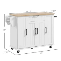 HOMCOM Modern Rolling Kitchen Island Cart with Drawers, Natural Wood Top, Towel Rack, Door Storage Cabinet, White(m-3)