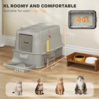 PawHut 80L XL Stainless Steel Cat Litter Box for Big Cats with Flip Cover, Pull-Out Drawer Tray, High Sided, Pedal, Light Grey(m-5)