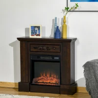 HOMCOM 32" Electric Fireplace with Mantel, Freestanding Heater with LED Log Flame, Overheat Protection and Remote Control, 1400W, Brown(m-2)