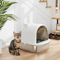 PawHut Enclosed Stainless Steel Litter Box, Metal Cat Litter Box with Scoop, Deodorizer Bag, Handle, Easy to Clean(m-1)