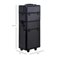 HOMCOM Pro 3 in 1 Portable Aluminum Makeup Train Cases Rolling Cosmetic Organizer Box, Black (Black)(m-3)