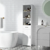 kleankin Modern Bathroom Cabinet, Narrow Storage Cabinet with 3 Open Shelves, Drawer, Recessed Door and Adjustable Shelf, White(m-10)