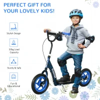Qaba Kids Scooter with Adjustable Handlebar, Kids Kick Scooter with Non-slip Footplate, Rear Brake, 12" EVA Wheels, Blue(m-7)