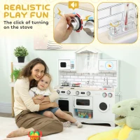 Qaba Pretend Play Kitchen for Kids, Pretend Kids Kitchen Playset with Switch Knob Sound, Clock, for Ages 3-6 Years, White(m-4)