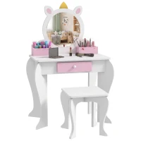 Qaba Kids Makeup Vanity Set with Stool, Mirror, Drawer, Storage Boxes, Unicorn Design, White(m-13)