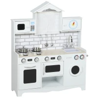 Qaba Pretend Play Kitchen for Kids, Pretend Kids Kitchen Playset with Switch Knob Sound, Clock, for Ages 3-6 Years, White(m-2)