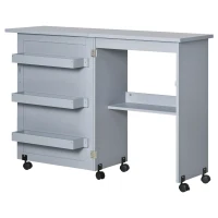 HOMCOM Folding Sewing Table, Rolling Utility Work Station Side Desk with 3-Tier Storage Bins, Shelf, and Lockable Casters, Grey(m-18)