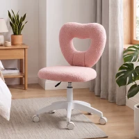 HOMCOM Armless Computer Desk Chair, Office Task Chair, Teddy Fleece Heart Makeup Vanity Chair with Swivel Wheels, Pink(m-2)