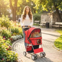 PawHut Pet Stroller with Reflective Strips, Foldable Cat Stroller with 360° Swivel Wheels for Small Dogs and Cats, Red(m-8)