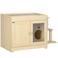 PawHut 3-in-1 Cat Litter Box Enclosure & Elevated Cat Bed Tree with Scratching Posts for Large & Small Kitties, Hidden Cat Litter Cabinet with Double Doors, Soft Cushion(m-11)