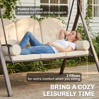 Outsunny 3-Seat Patio Swing Chair, Outdoor Porch Swing Glider with Adjustable Canopy, Removable Cushion, Pillows and Side Trays, for Garden, Poolside, Backyard, Beige(m-6)