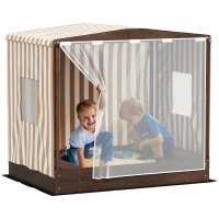 Qaba Kids Wooden Sandbox with Canopy Fully Covered, 2 Bench Seats, Bottom Liner, 56" x 40" x 52", Brown(m-11)