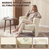 HOMCOM Upholstered Armchair, Sherpa Accent Chair with Lumbar Pillow, Padded Armrests and Thick Cushion, Cream White(m-4)