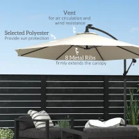 Outsunny 10ft Outdoor Cantilever Hanging Offset Umbrella with Solar LED Lights, Crank, Cross Base, Aluminum Frame, Beige(m-7)