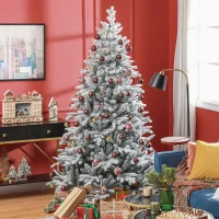 HOMCOM 7ft Artificial Flocked Christmas Tree with Snow Tips, Easy Assembly, Hinged Xmas Tree for Home Office Holiday(m-8)