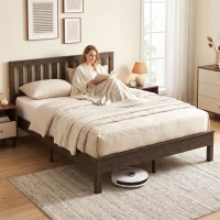 HOMCOM Queen Size Bed Frame with Headboard and Footboard, Mid-Century Modern Wood Platform Bed Frame, Walnut(m-8)