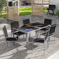 Outsunny 7 Piece Outdoor Patio Dining Set with Table and 6 Stackable Chairs, Steel Frame, Tempered Glass Top, Mesh Seats, Black(m-8)